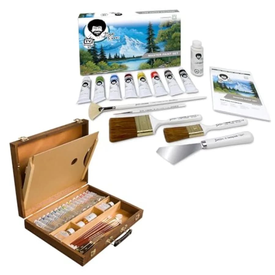 Bob Ross Master Artist Oil Paint Set Includes Wood Art ply Carrying Storage Case Sketchbox w/Palette