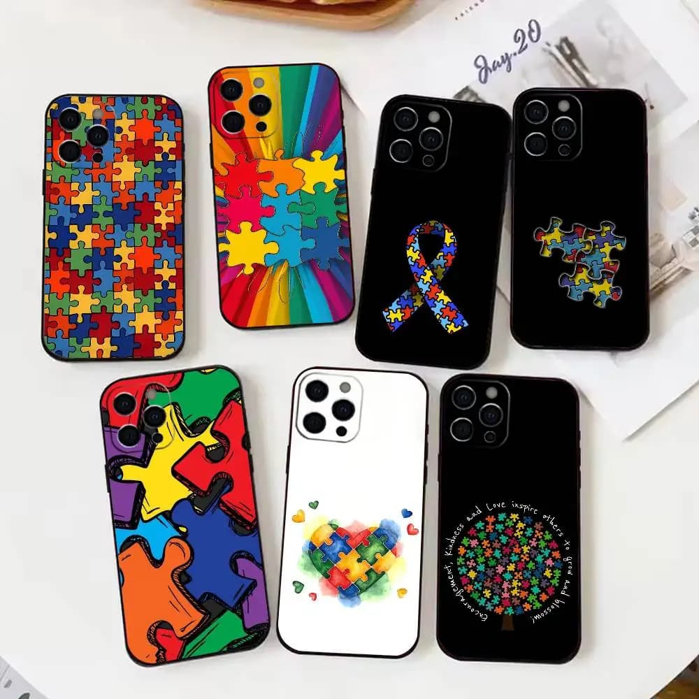 Custodia per telefono autismo Puzzle Art Support per iPhone 17,16,15,14,13,12,11 Plus,Pro Max,XS, cover nera in morbido silicone