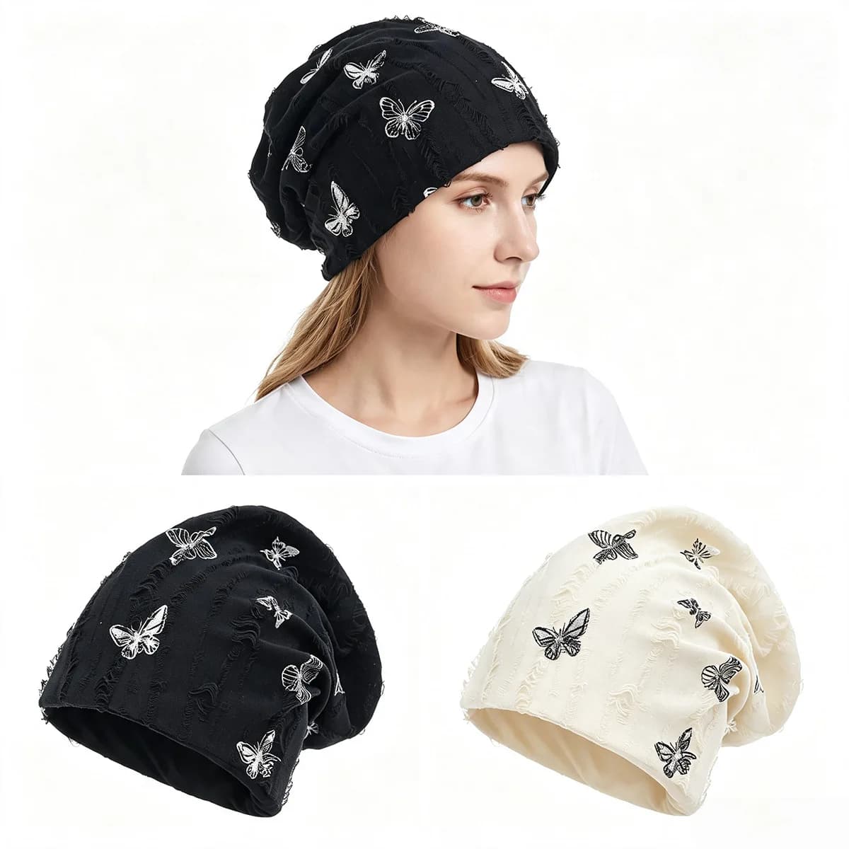 Butterfly Print Muslim Hijab Caps Wrap Crinkle Turban Indian Bonnet Headscarf Beanies Hair Loss Head Wrap Turbante Mujer