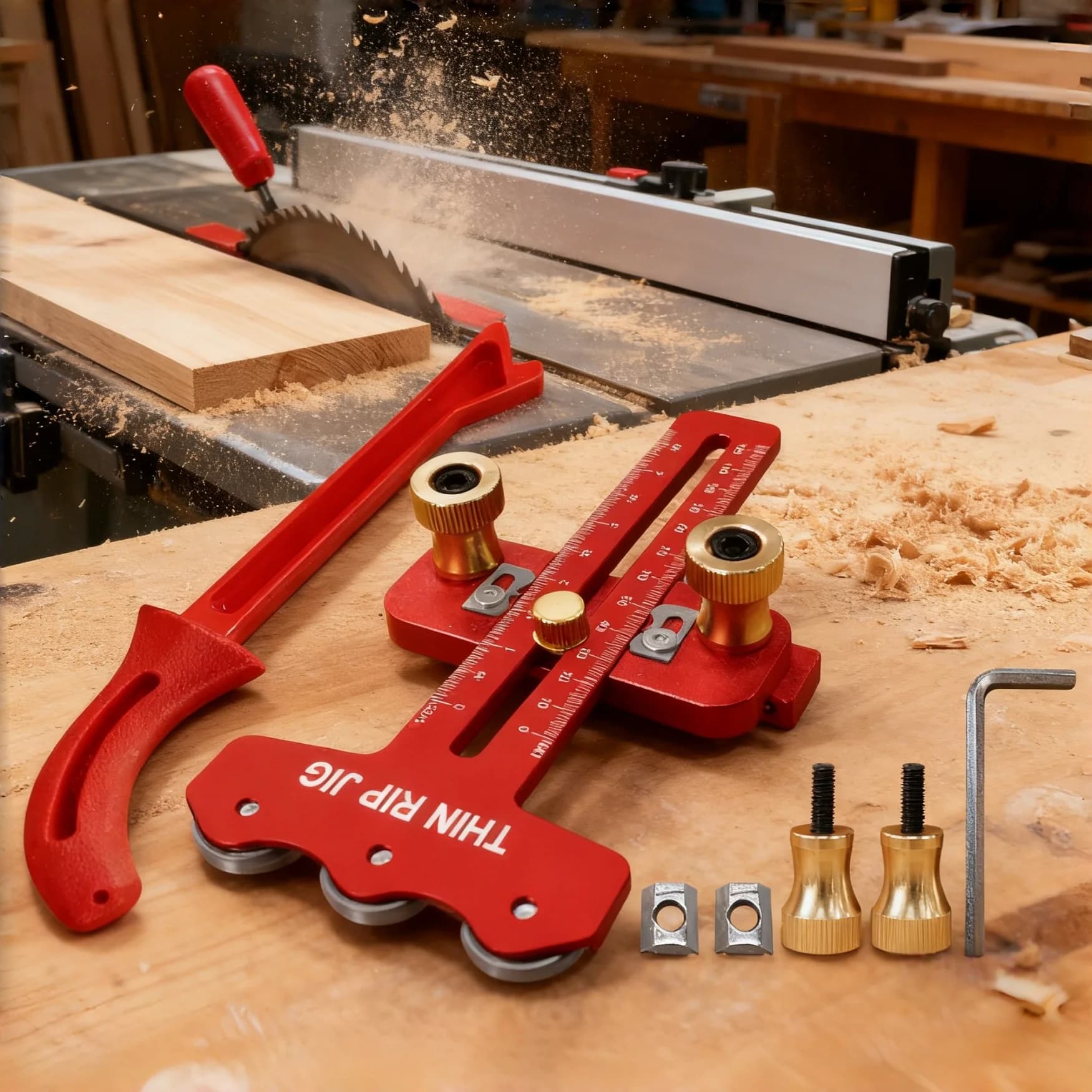 Slim tear table saw mask with 3 pulleys and push stick kits, to make narrow striped repetite cuts, accurate table saw guide for T slots