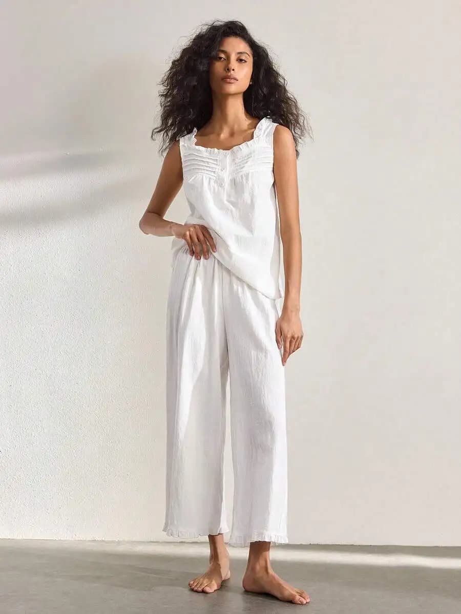 Women Solid Color Frill Trim Sleeveless Top And Wide Leg Pants Pajama Set