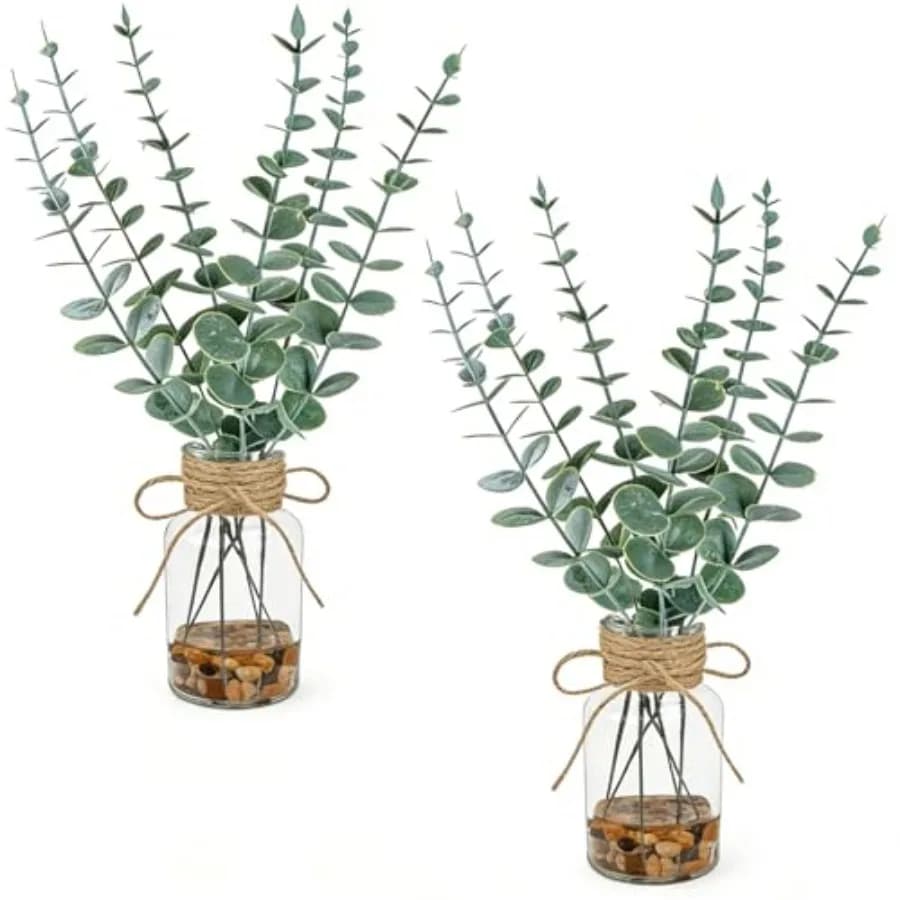 2 Pack Artificial Eucalyptus Stems in Glass Vases, 14" Fake Plants with Faux Water Stones, Small Faux Plants for Kitchen Bathro