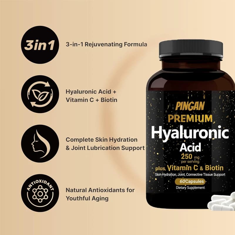60 capsules of hyaluronic acid supplement, biotin and vitamin C for skin hydration, joint lubrication, hair and eyes health