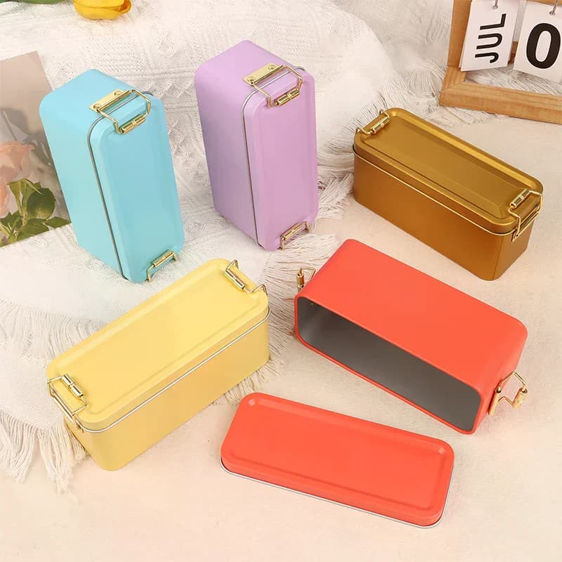 Rectangular tin box with snap closure, tin container with lid, metal box for storage, cake box, jewelry box
