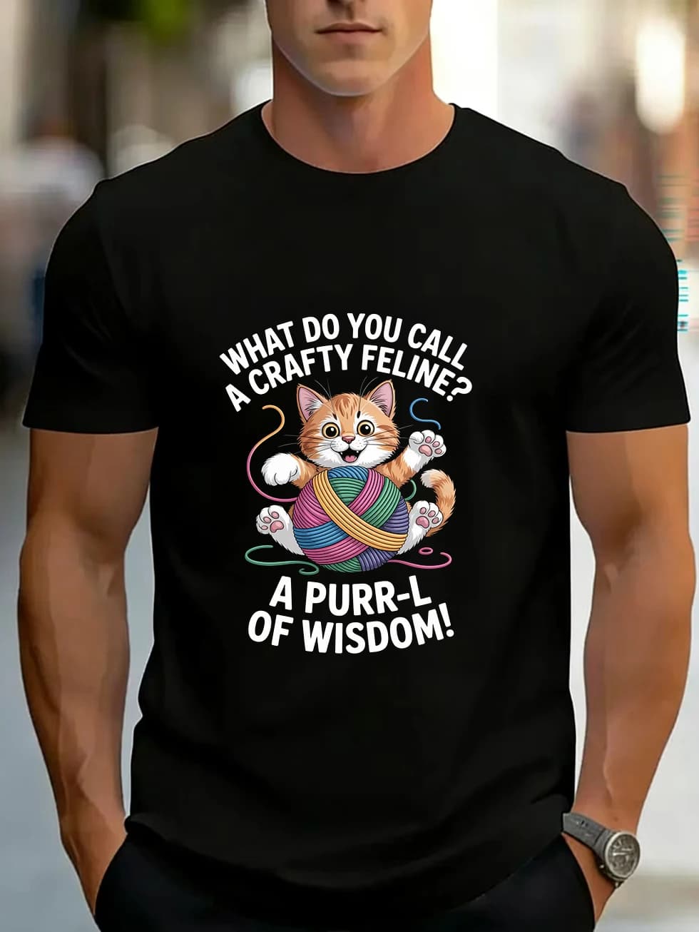 T-shirt a maniche corte da uomo, simpatico gatto dei cartoni animati, palline di filato colorate, stesso stile per uomo e donna, puro cotone