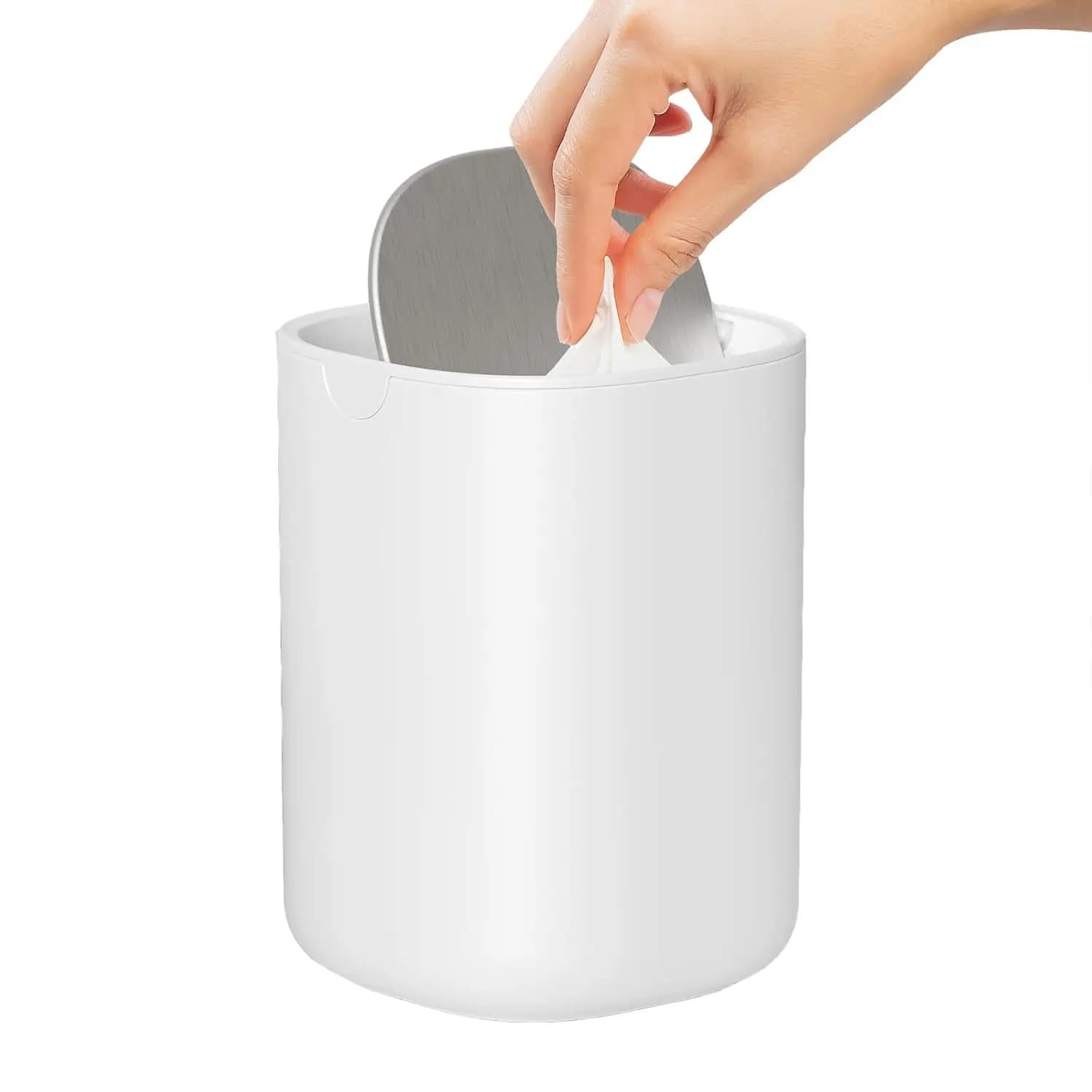 Mini Desktop Trash Can with Swing-Top Lid, 0.4 Gal Small Wastebasket for Office Bathroom Countertop White