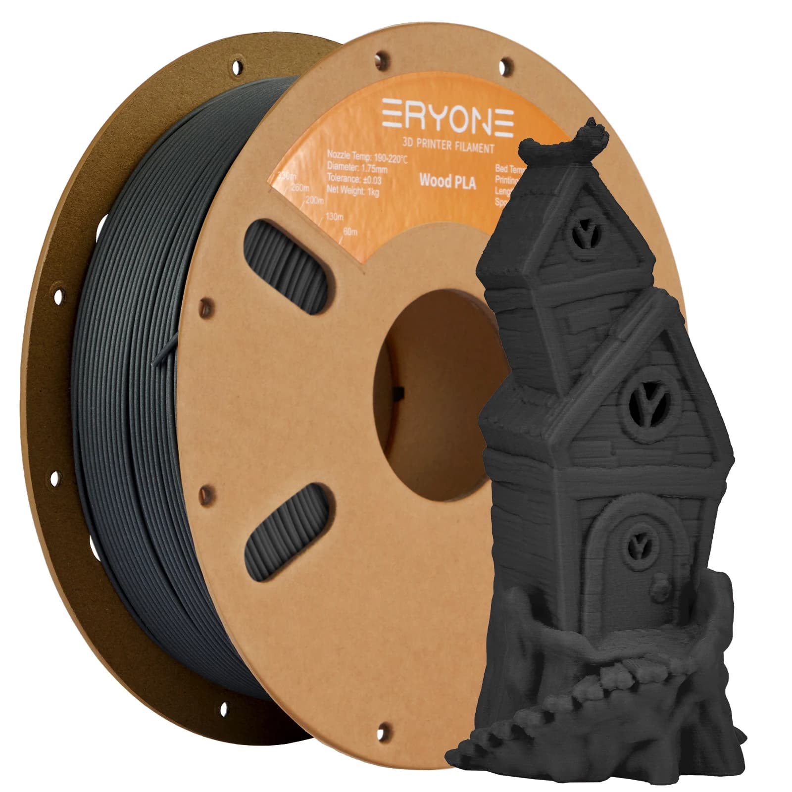 ERYONE Filament for PLA wood in mixed material 1,75 mm +/- 0.03 mm, 1 kg coil (2,2 pounds) 3D printer, PLA wood, charcoal grey wood