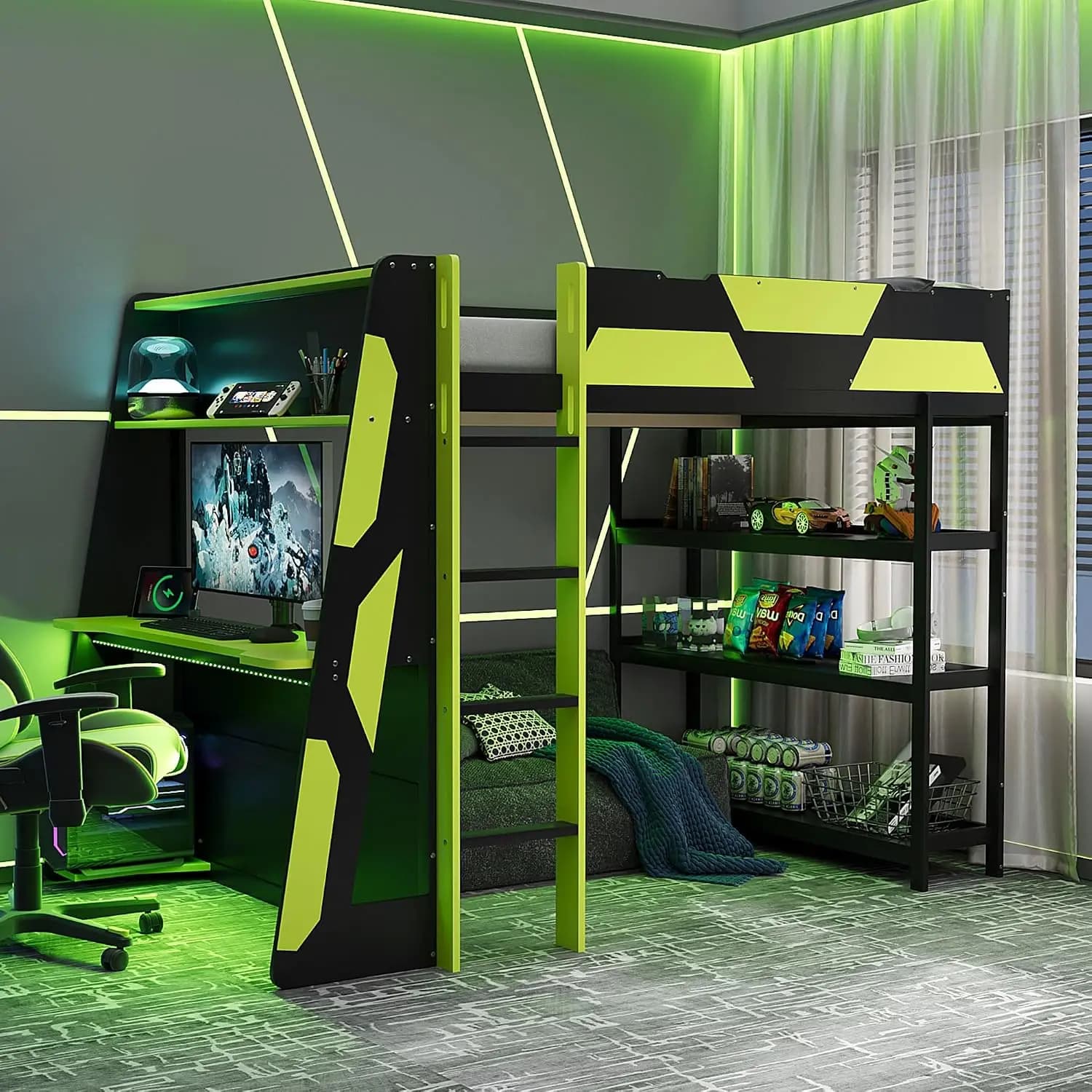 Full Size Gaming Loft Bed with Desk, LED Lights & USB Charging Stations, Wood Loft Bed with Storage Bookshelves,, Customized