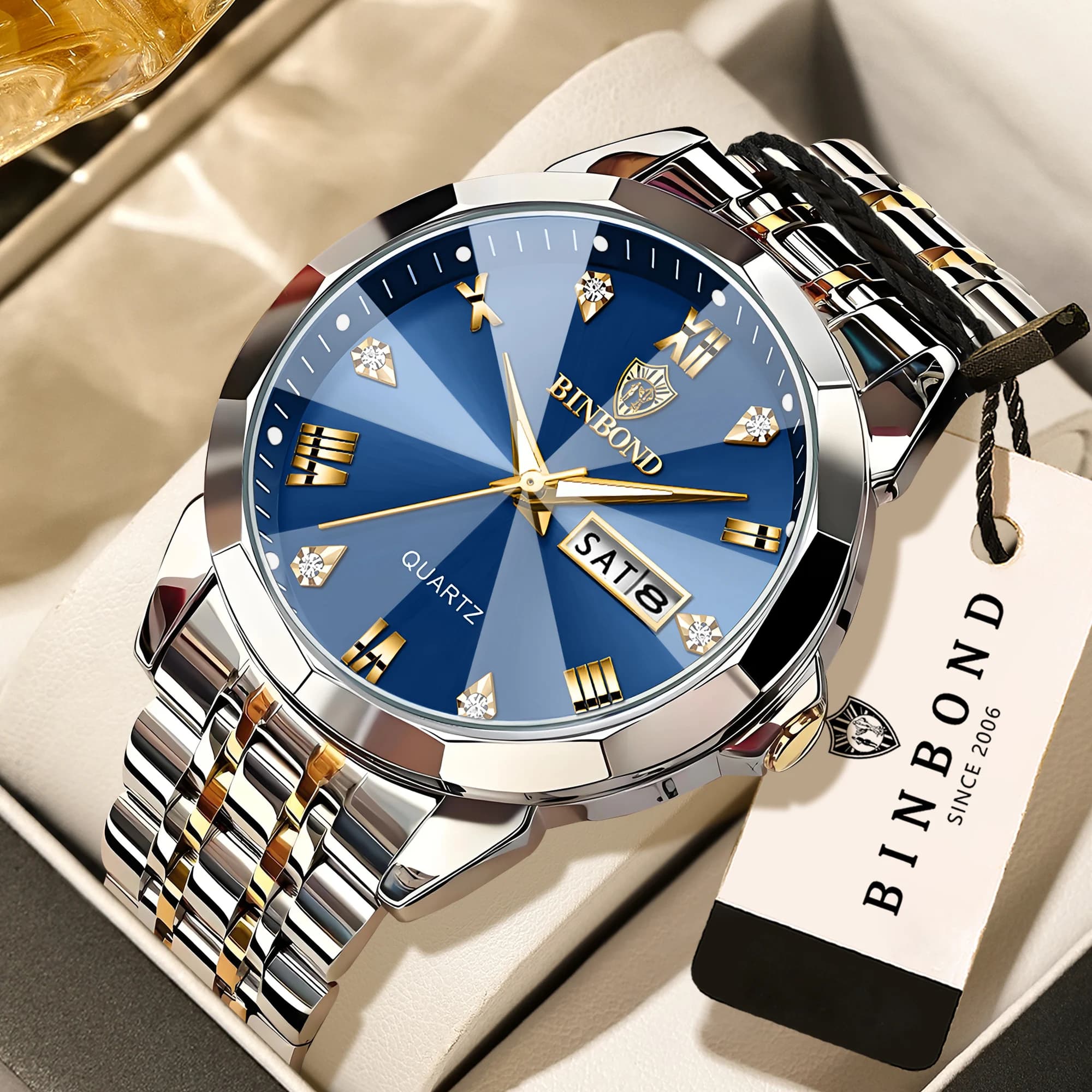 BINBOND Taper Glass Luxury Quartz Wristwatches for Men Luminous Waterproof Precise Durable Men's Watch for Business Casual Reloj