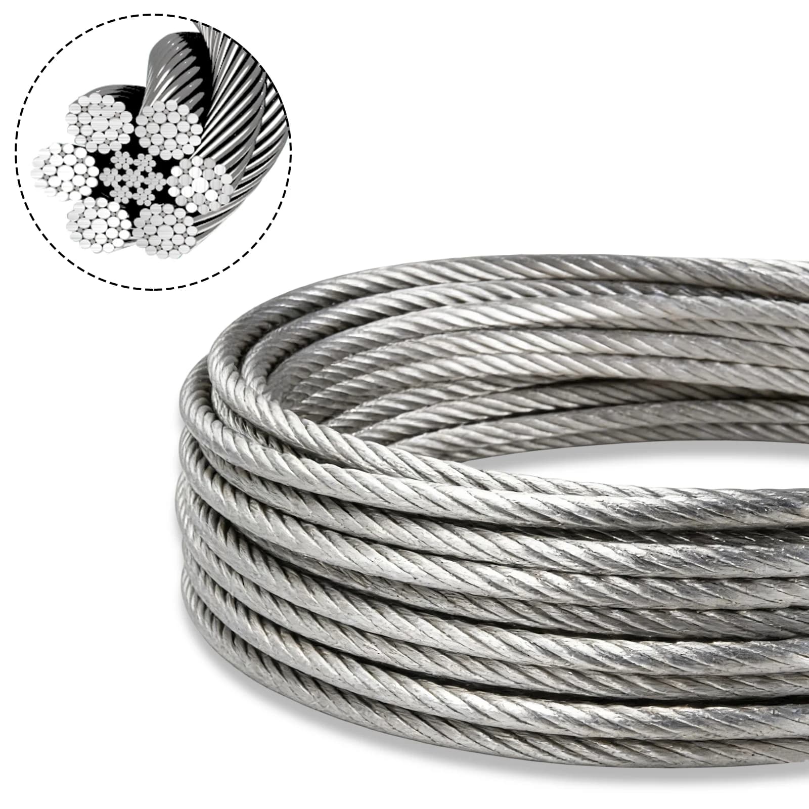 3/8 Inch Stainless Steel Cable 100 Ft, 7x19 Strands Aircraft Wire Rope, 12000 Lbs Breaking Strength Heavy Duty Winch Cable, Include M10 Stainless Steel Clips and Thimbles for Dock Boat Lift, Deck Railing, Marine Rigging, Outdoor Construction