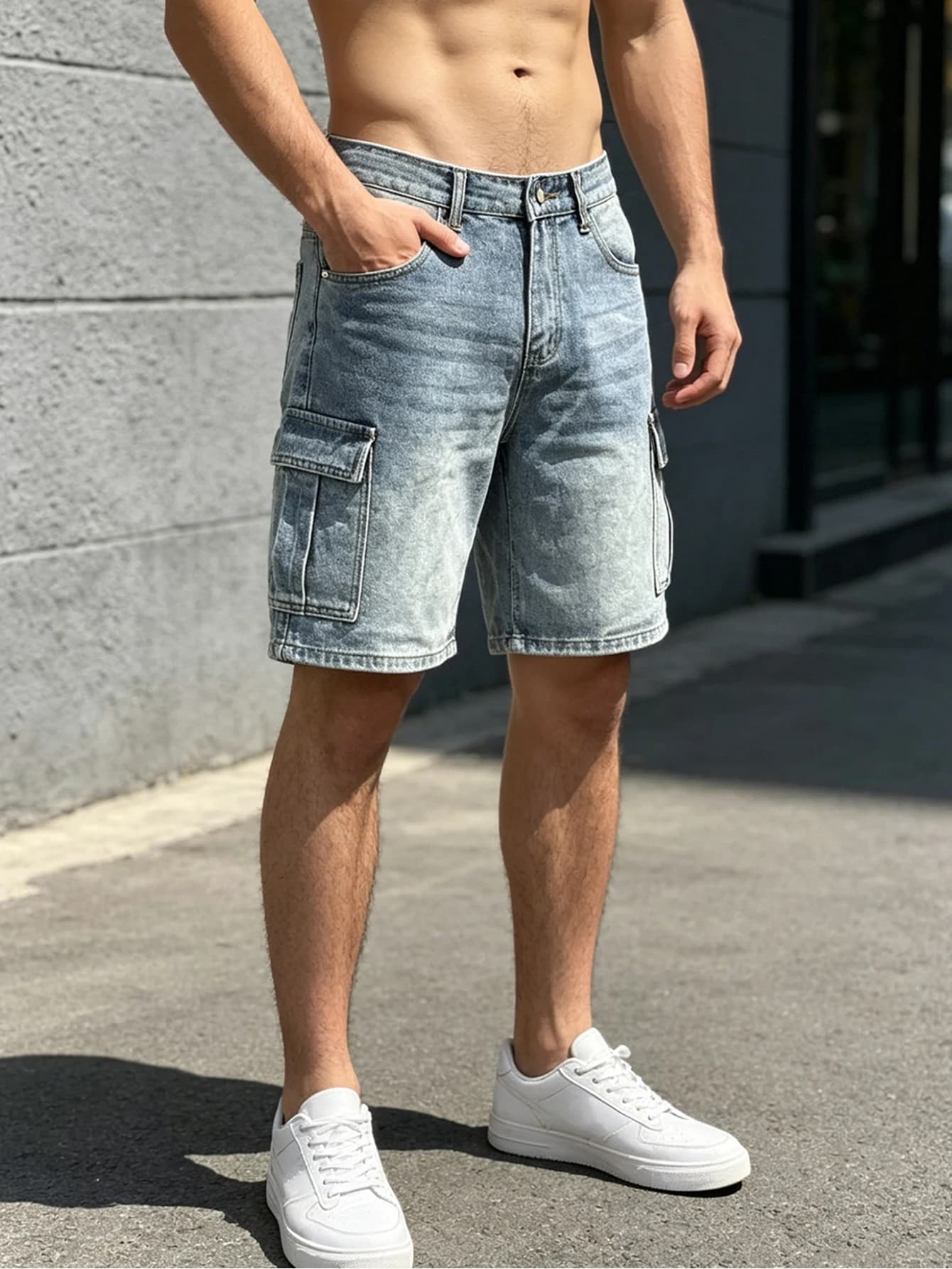 Pantaloncini in denim da uomo casual, lavaggio chiaro, modello cargo a gamba dritta