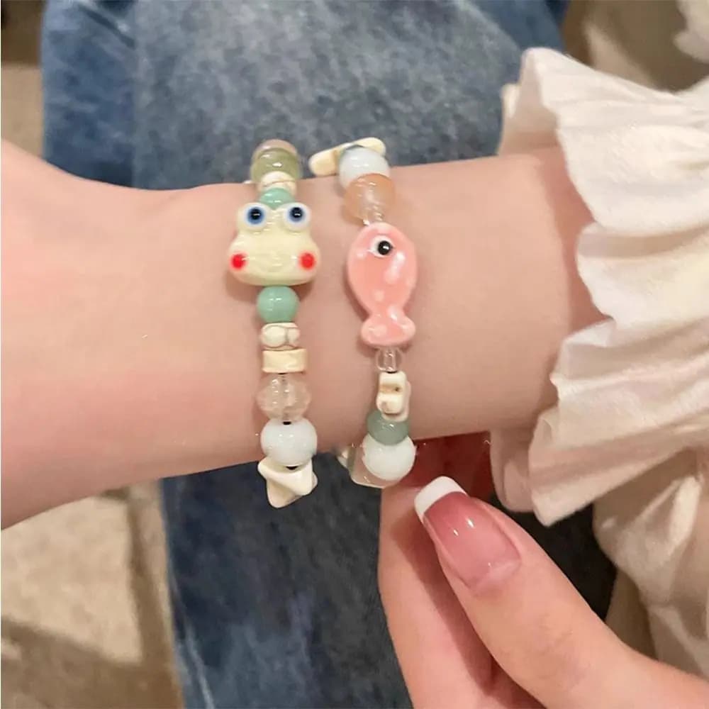 Braccialetto Artigianale in Ceramica a Forma di Pesce, Stile Coreano, con Perline Liuli e Rana in Resina, Accessori Gioiello, Braccialetto con Perline Carino a Cartone Animato, Regalo