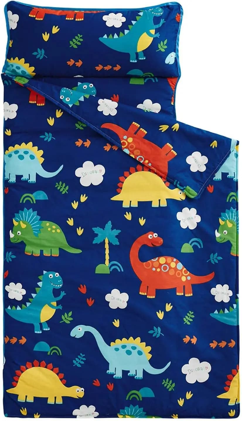Baby rest pad with pillow and blanket, 100% cotton, rollable sleeping bag for children from 3 years on, for kindergarten and kindergarten, with cute dinosaurs