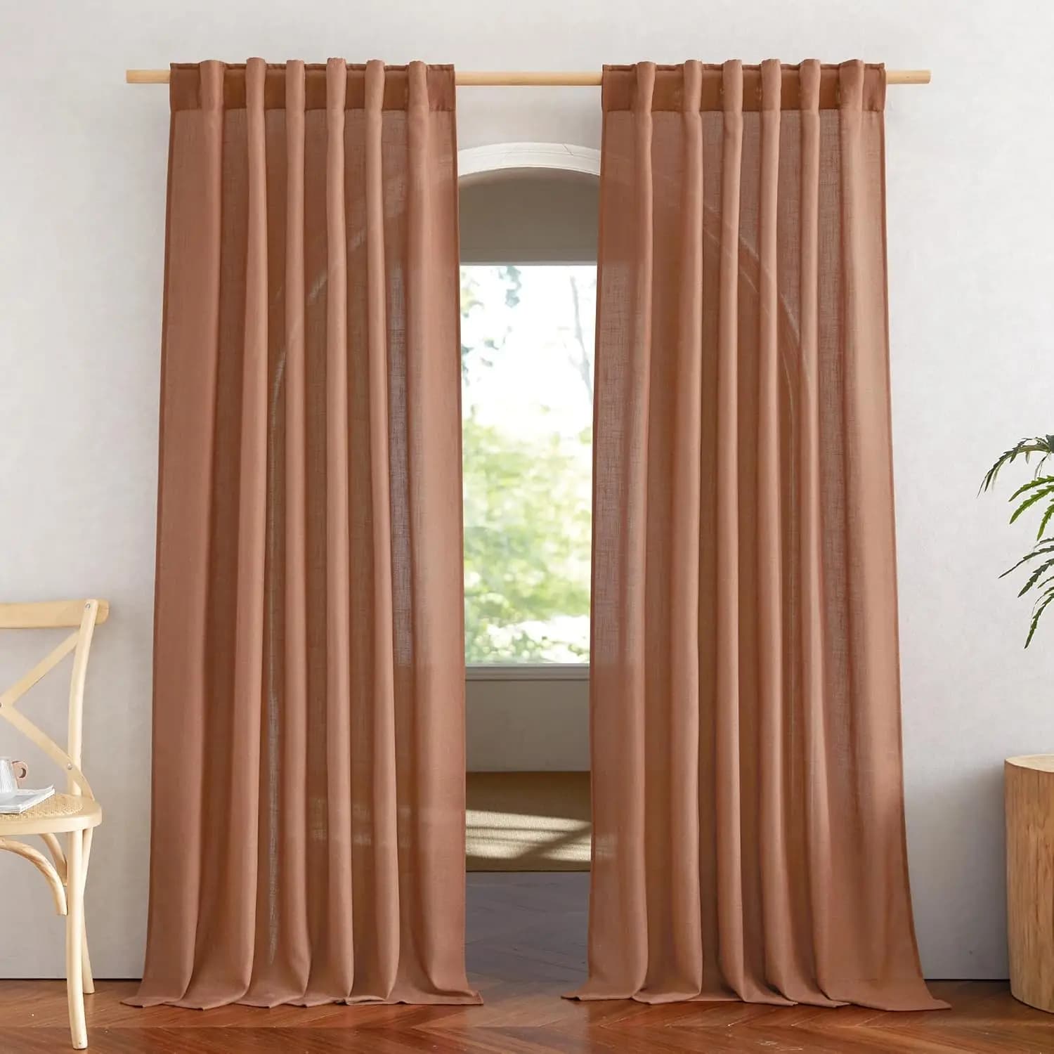Tende e Drappeggi in Lino Caramello per la Privacy con Filtraggio della Luce, Tasca per Asta e Linguette Posteriori, Trattamenti per Finestre in Lino e Iuta