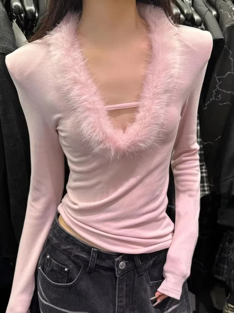 Autumn New Faux Fur Patchwork V Neck T-shirt Women American Retro Slim Fit Base Tops Simple Solid Y2k Grunge Spicy Tees