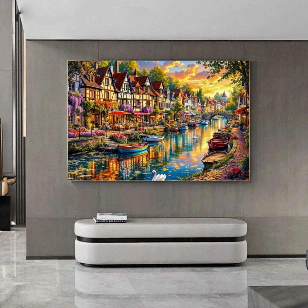 Street Picture of Rhinestones 5D Diamond Mosaic Painting Landscape Full Round Kits Embroidery House Boat Unique Home Decor Gifts