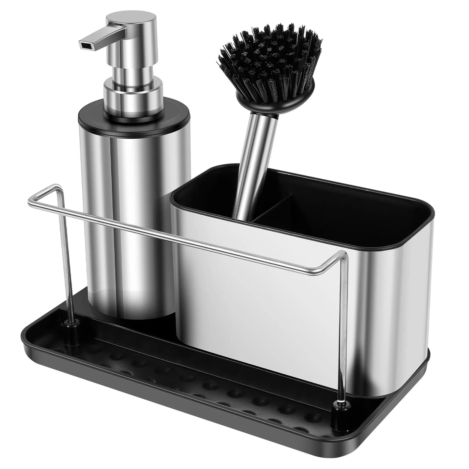 Set dispenser sapone 3 in 1 con spazzola, porta spugna, portasciugamani, dispenser detergente per lavello da cucina, portaoggetti per la pulizia