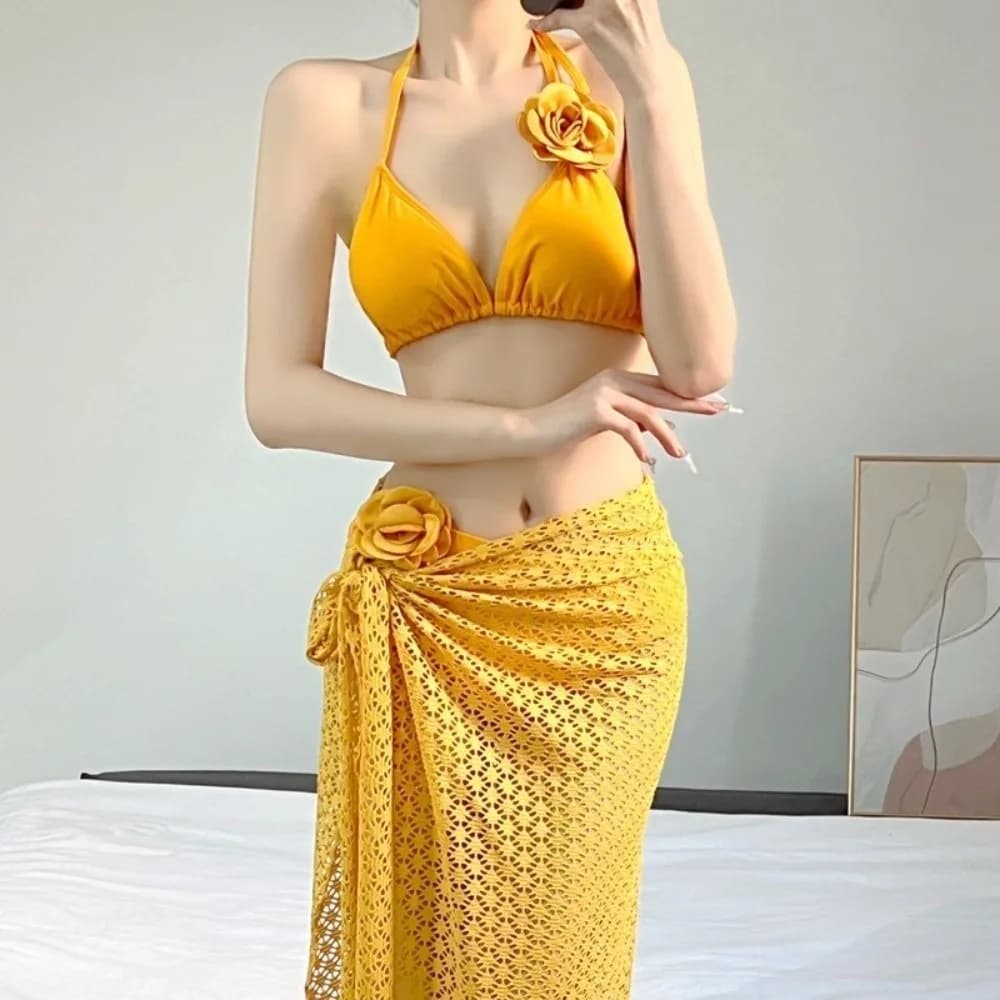 Set Bikini Elegante a 3 Pezzi per Donne, Costume da Bagno Imbottito con Laccetti, Halter Neck Sexy, Set da Spiaggia per Vacanze