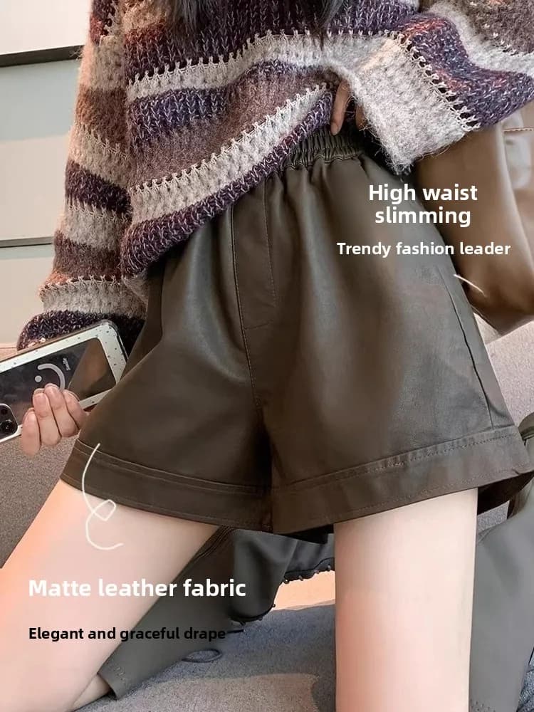 Matte Leather Shorts Women's Autumn Winter Outerwear Loose Slim Straight Leg Hot Pants A-Line Base Boot Pants