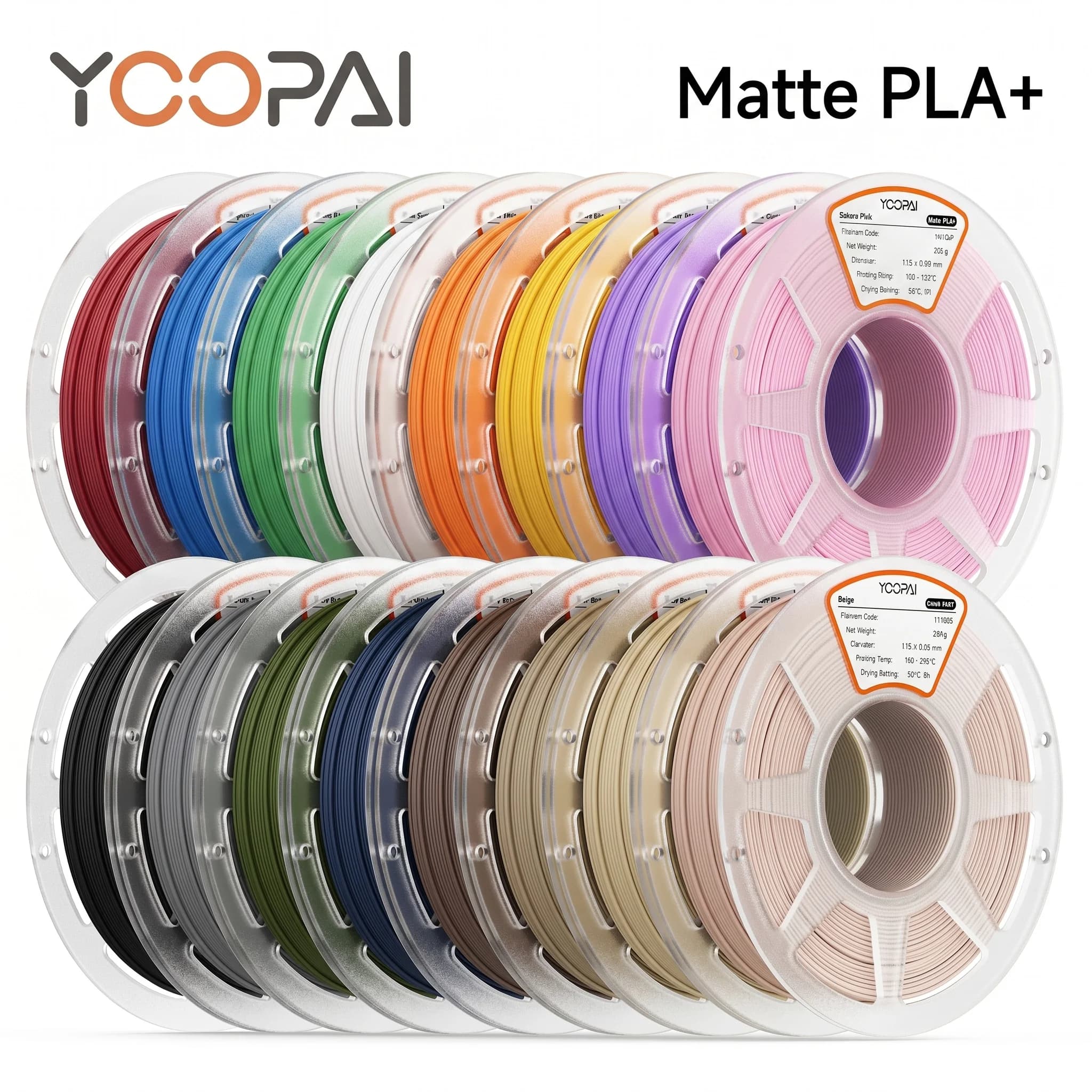 Filamento YOOPAI Matte PLA+ in confezione da 8/16 bobine da 250g/rotolo, colori misti, 250g x 8 filamenti Matte PLA per stampanti 3D