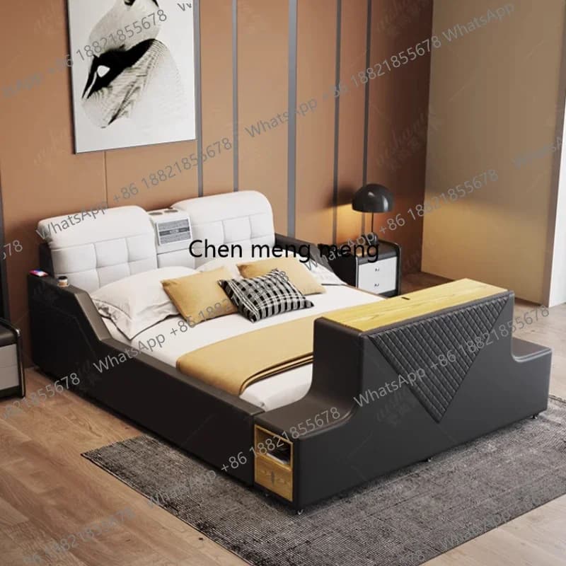 Ultimate Bed Frames Genuine Leather Multifunctional Bed With Massage Backrest, Bluetooth Speaker, Intelligent Lifting TV Cabinet