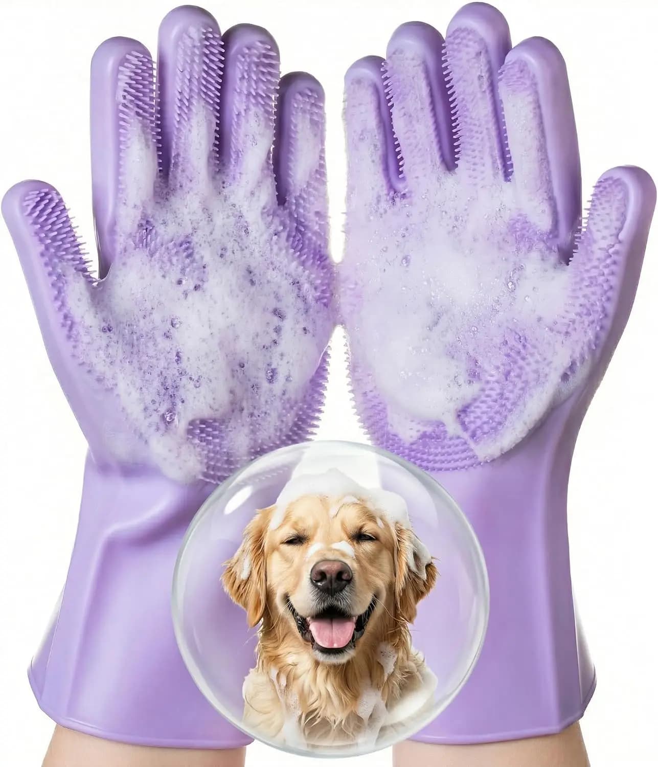 Guanti per Toelettatura Animali Domestici 1 Paio: Guanti Morbidi in Silicone per Lavaggio Cani, Spazzola Scrubber per Bagno per Cani, Gatti, Cavalli, Viola