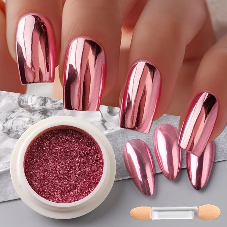 1 Box Pink Color Nail Art Chrome Powder with A Eyeshadow Stick Holographic Y2K Sweet Pink Metallic Shiny Pigment Dust on Nails