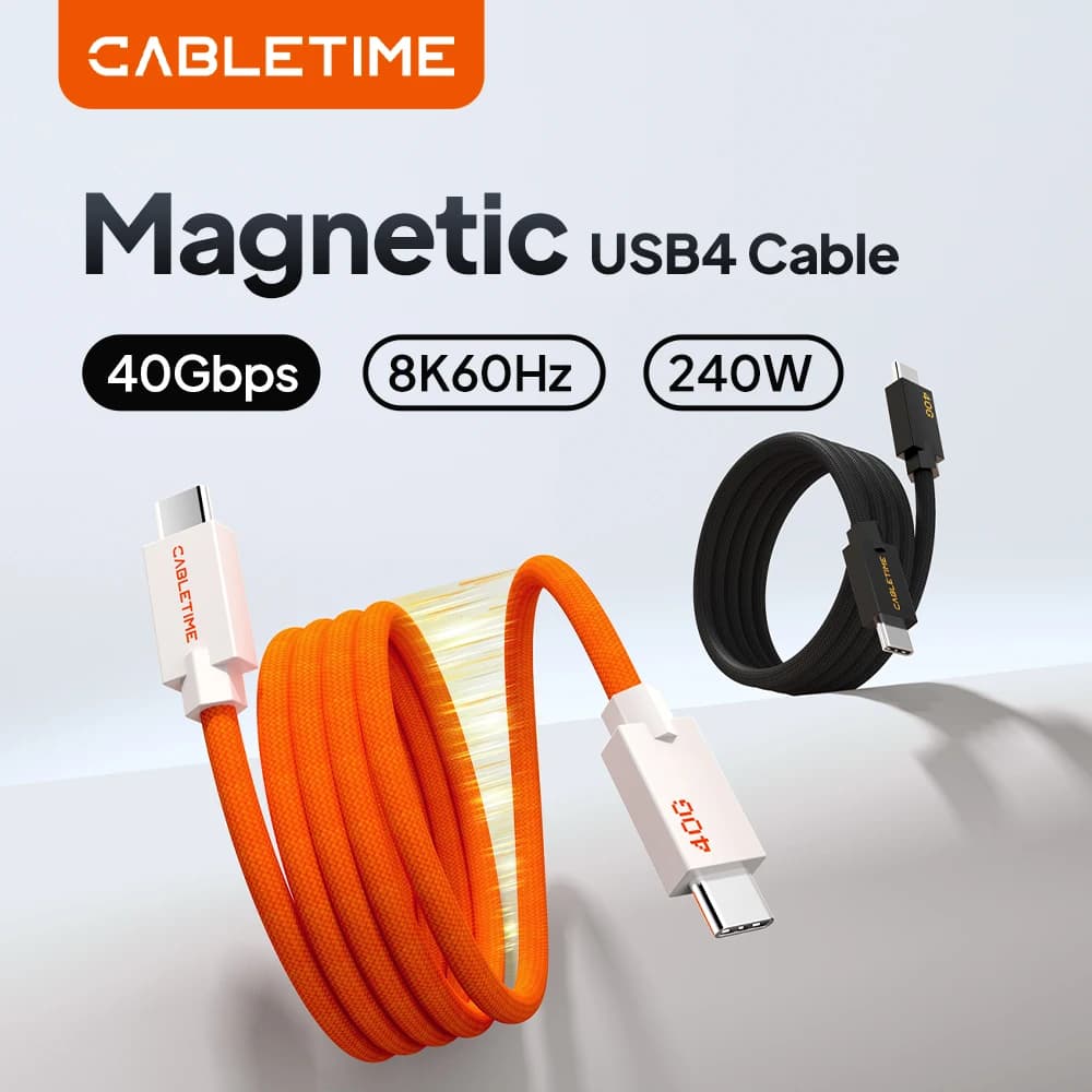 CABLETIME USB C cable to USB C, USB4 40Gbps 8K 240W, Quick Charging Magnetic Cable, Compatible with Thunderbolt 4/5 for Laptop, Macbook, iPad