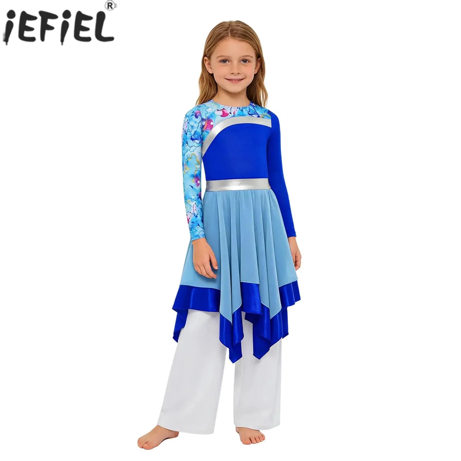 Children Girls Worship Praise Lyrical Dance Costume Long Sleeve Liturgical Dance Dress with Wide-Leg Pants Church Choir Outfit