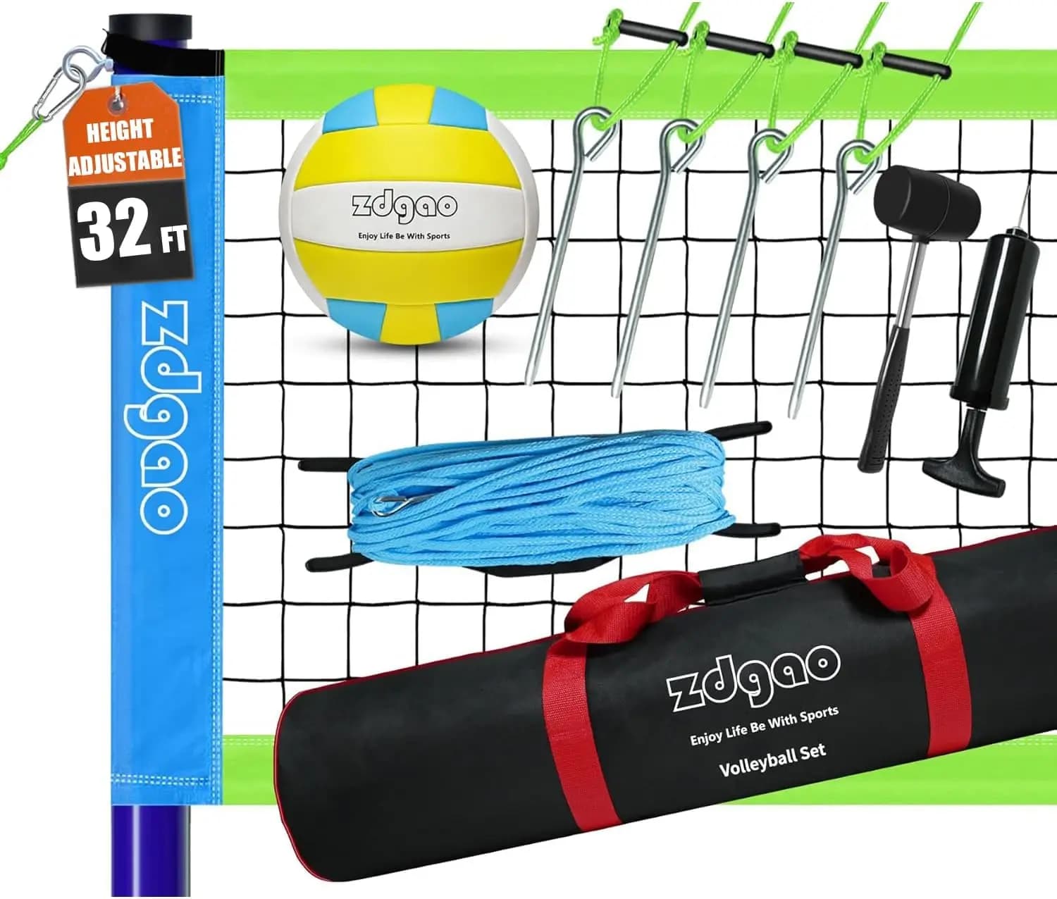 Adjustable Portable Volleyball Mesh System with Ball, Pump and Transport Bag for Outdoor Games in Garden on Beach