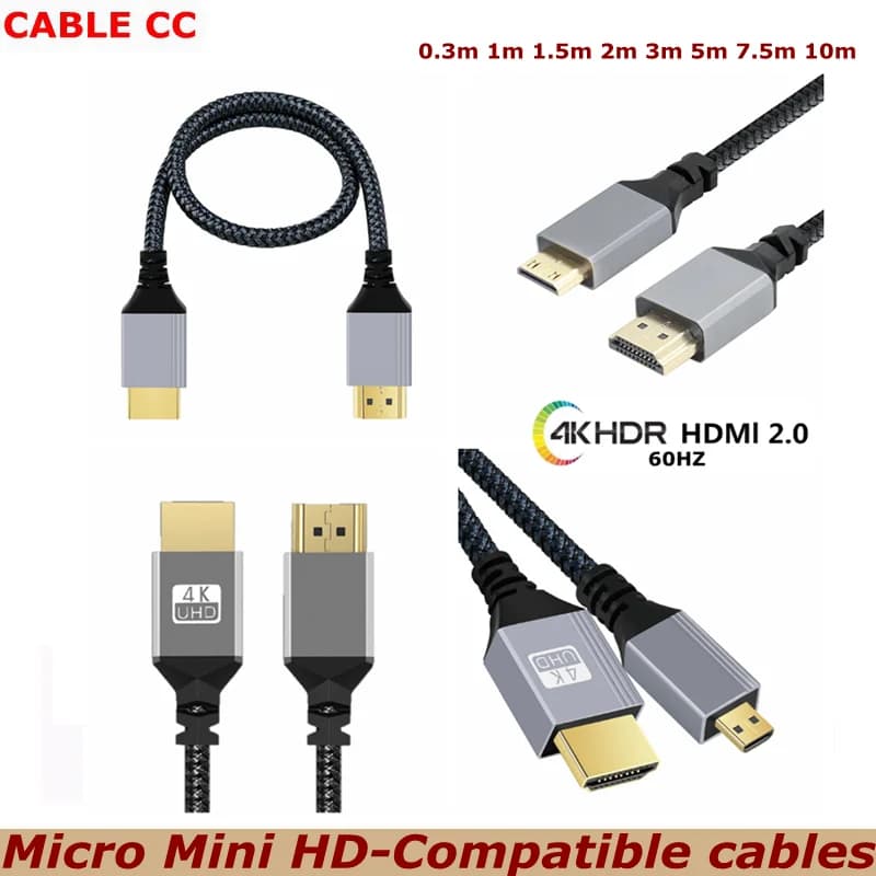0.3-10m Nylon Braid 4K 60HZ TPU Micro Mini TO HDMI-Compatible Extension Male Cable For Camera PS3/4/5 Projector TV Box Laptop