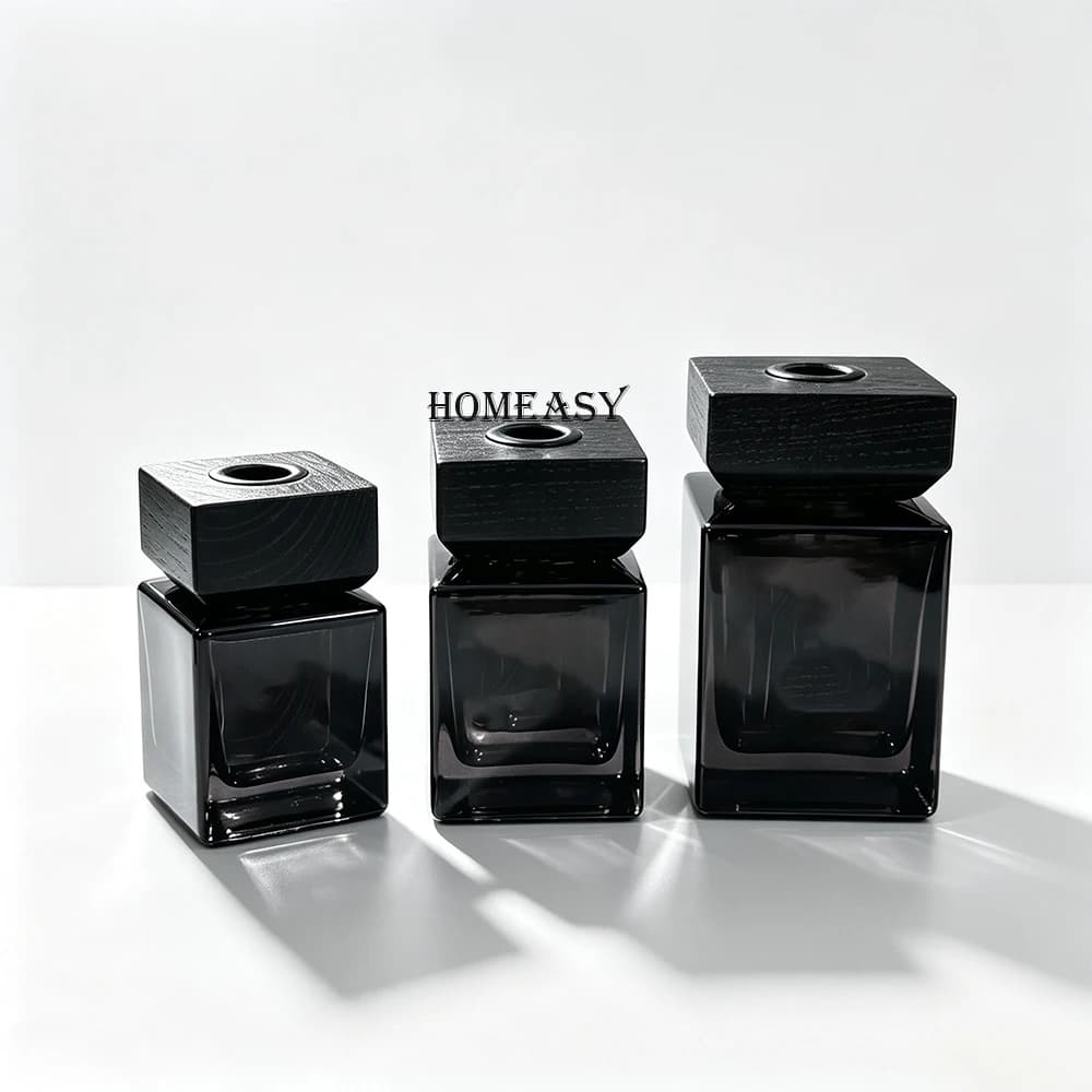 Wholesale 50/100/200ml Square Empty Glass Aroma Bottles With Wood Lids Refillable Reed Diffuser Vase Home Fragrance Container