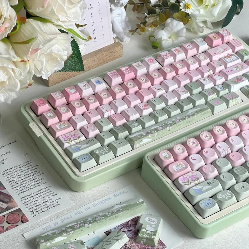 Spring Story Set di copritasti a tema rosa verde PBT Cherry SOA Profilo Copritasti originali personalizzati fatti a mano per regalo tastiera meccanica