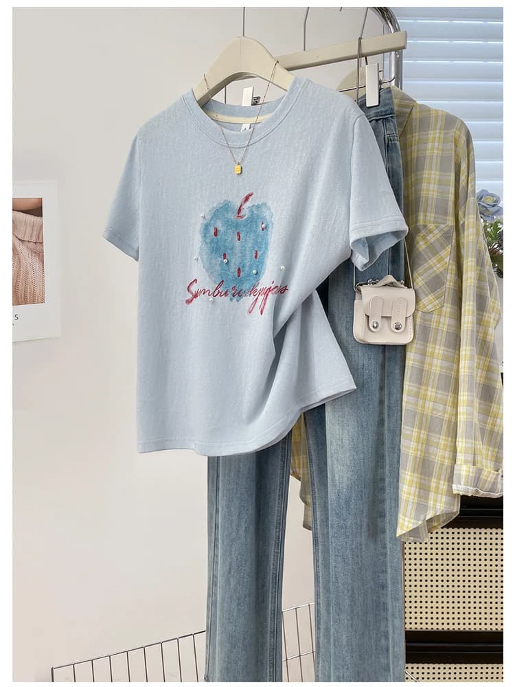 2026 New Graffiti Print Beaded Design Short Sleeve T-Shirt Women Summer Simple Versatile Casual Cotton Breathable Top