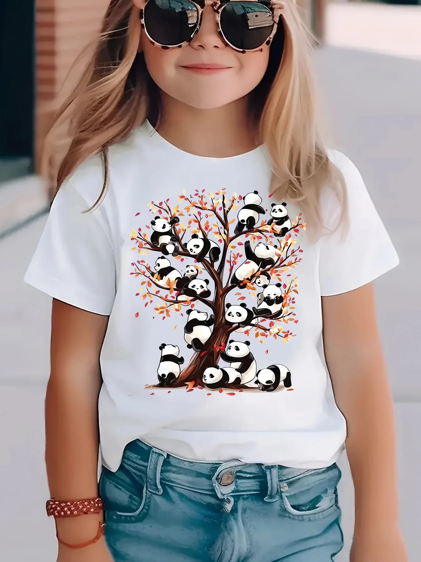 T-shirt da ragazza stampata con albero da arrampicata con panda carino - Top girocollo a maniche corte rosa morbido, tessuto lavorato a maglia traspirante per la primavera