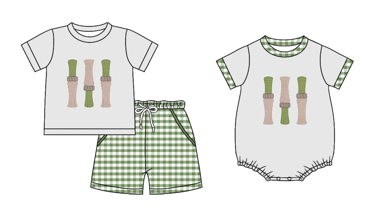Completo due pezzi in seta latte con stampa scozzese verde, body a maniche corte e pantaloncini, con bottoni a pressione, personalizzabile, all'ingrosso