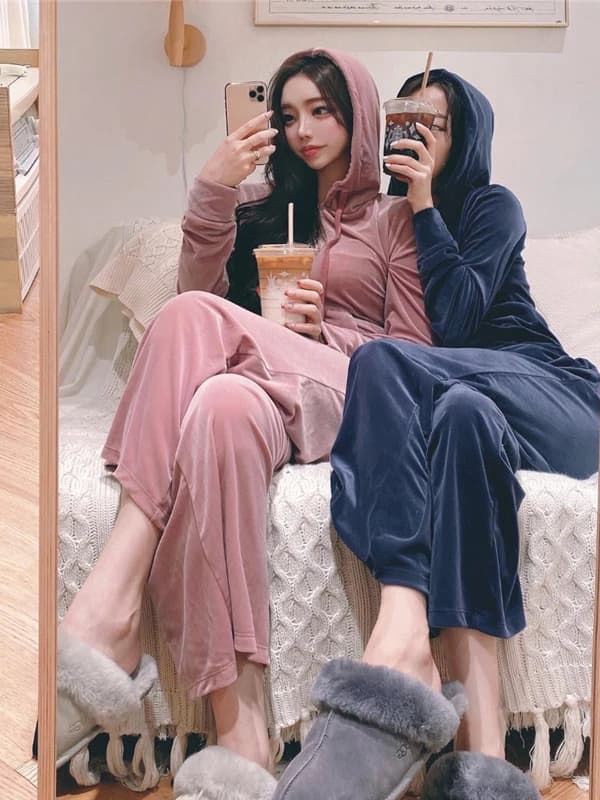 Pink Velvet Sweatshirt Set Women's Casual Fashionable Sportswear Home Clothes Spring Autumn New Style Long Sleeve Zipper Hoodie