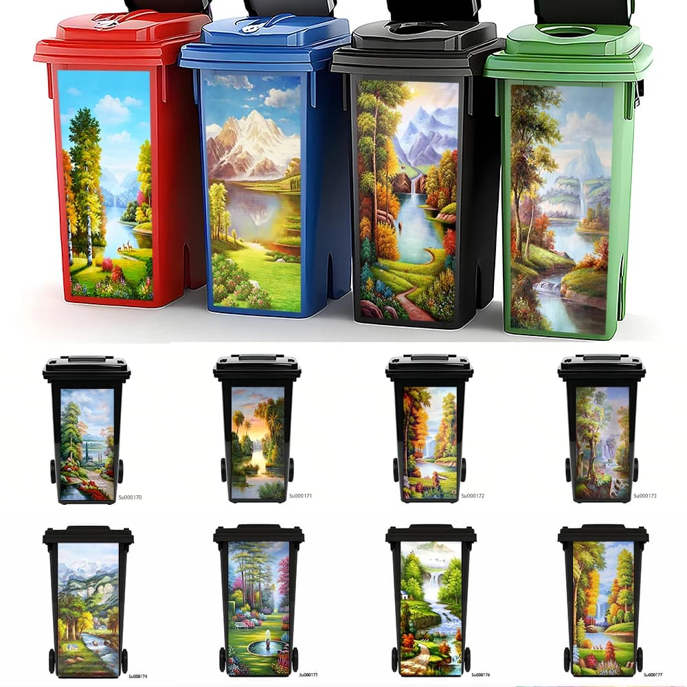 Adesivo per Cestino con Paesaggio Classico Dipinto a Olio, Design Montagna Lago Foresta, Decalcomania Impermeabile per Bidone da Esterno