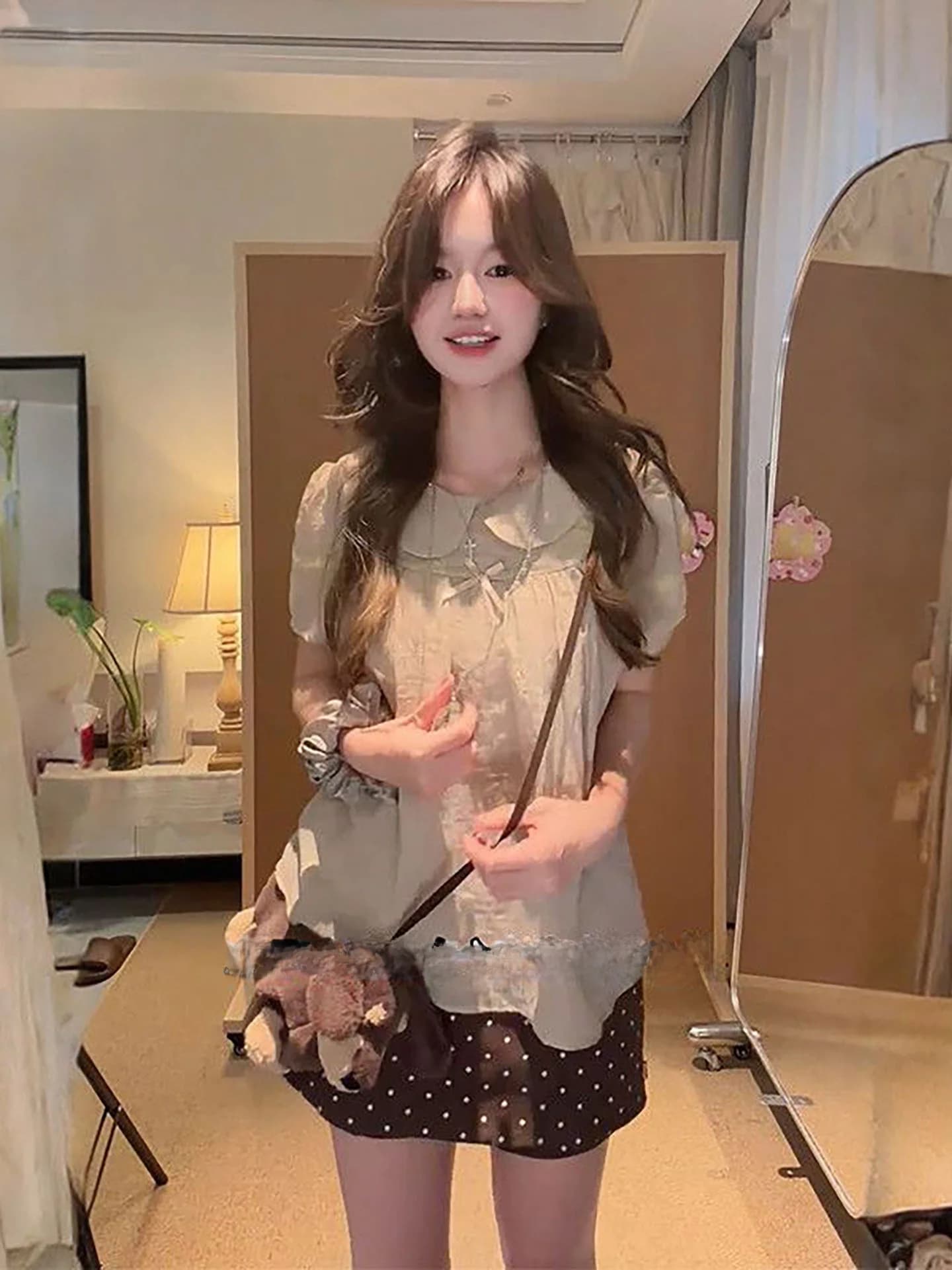 Summer Gentle Retro Design Doll Collar Short Sleeve Top And Polka Dot Skirt Two Piece Set Women's Fashion Casual Outfit