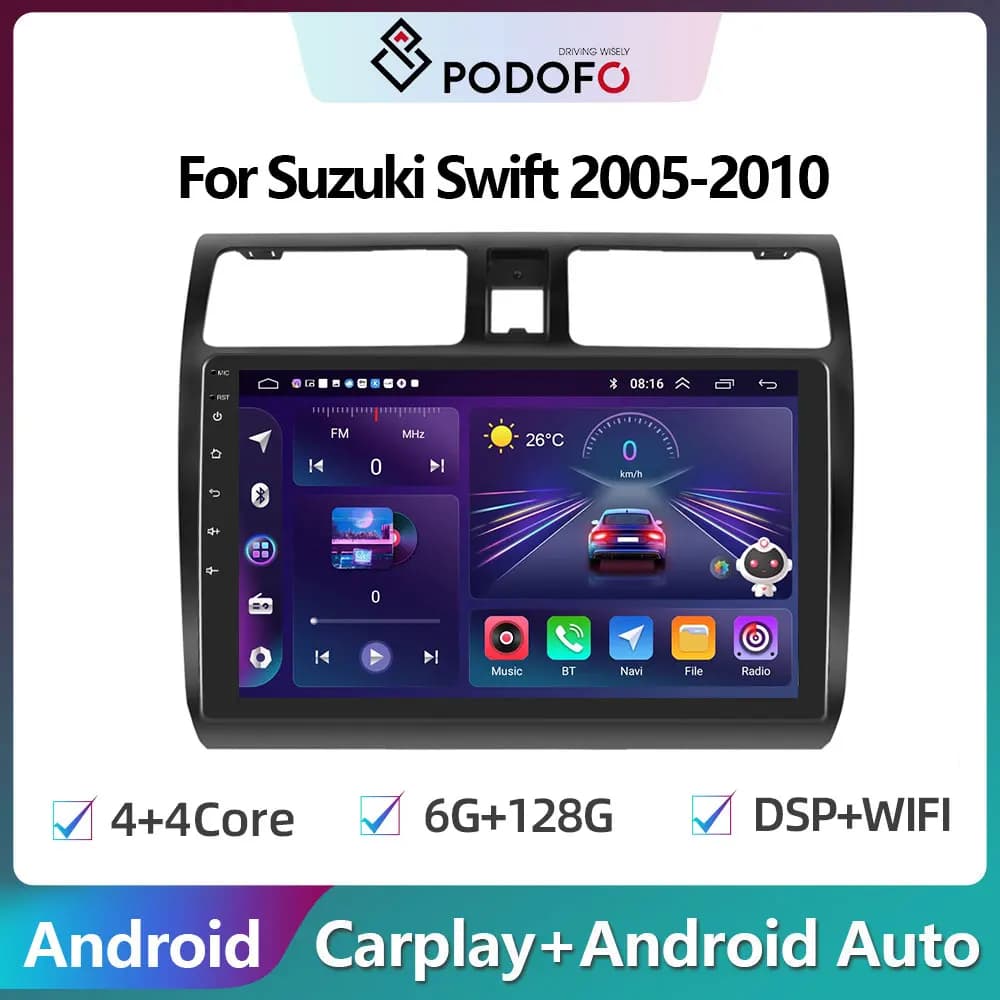 Podofo Android 2Din Autoradio per Suzuki Swift 2005-2010 Autoradio Carplay navigazione GPS 4G WIFI Stereo Player AI Voice HiFi