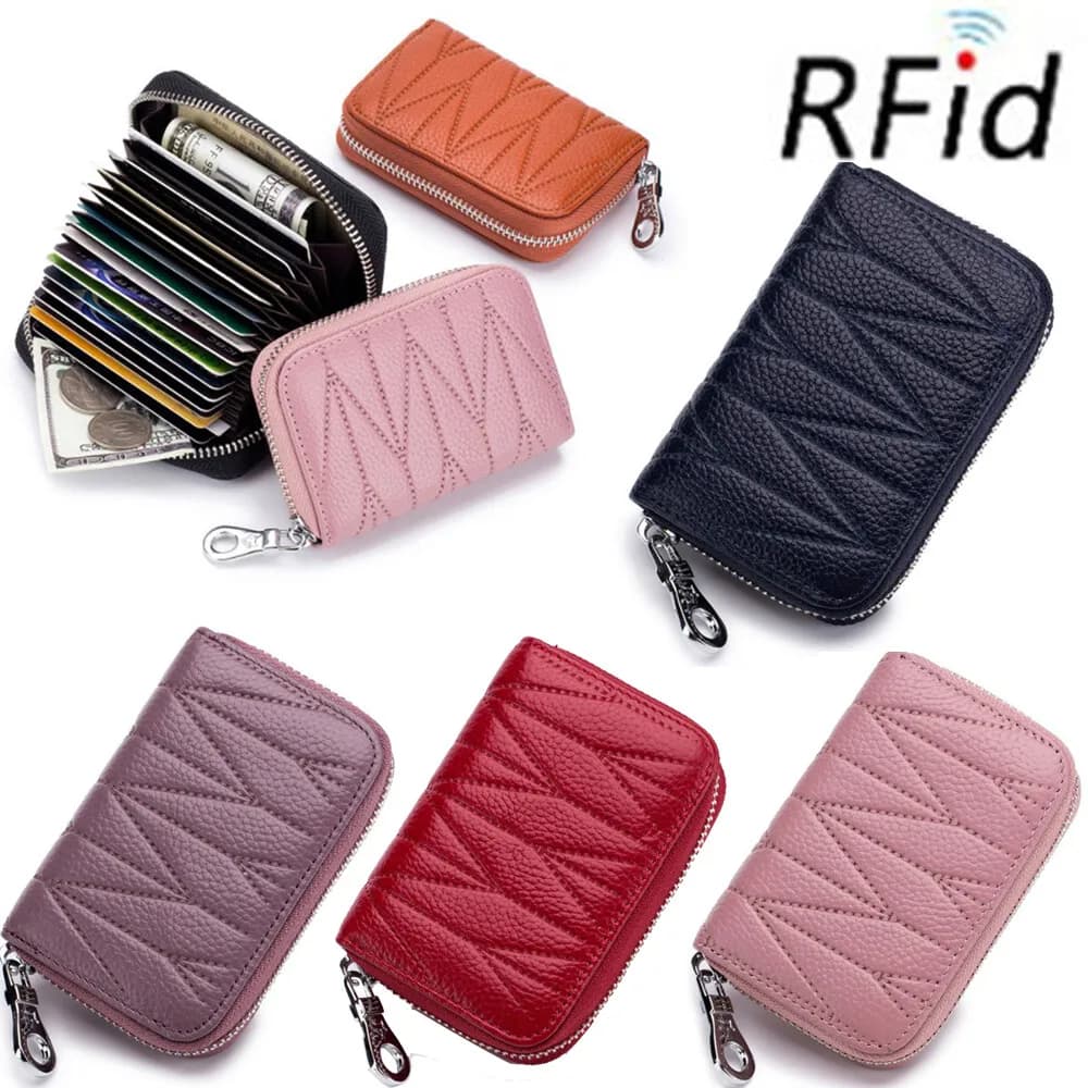 Portafoglio per carte di organo con spazzola antifurto con blocco RFID Portafoglio multi-carta portatile in vera pelle con cerniera Porta carte di credito