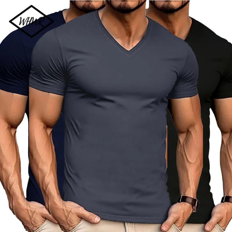 2025 Estate Colletto a V Maglietta da uomo Tinta unita T-shirt a maniche corte per uomo Top Tees Poliestere Uomo Calzamaglia Slim Man Gym Tshirt
