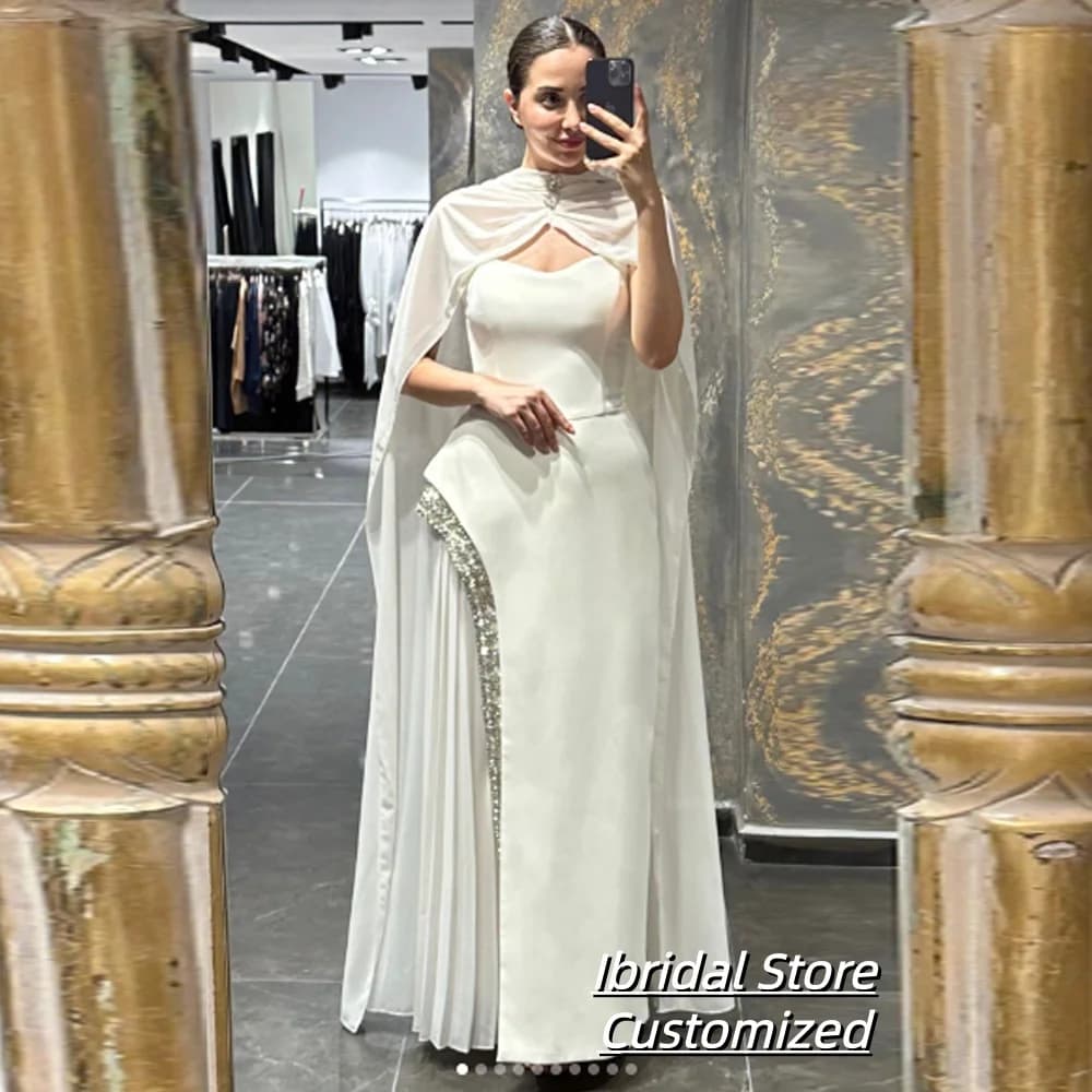 Abito da sera a trapezio personalizzato Abito da ballo senza maniche senza spalline lungo fino al pavimento Abito da festa drappeggiato in cristallo con stola di moda semplice