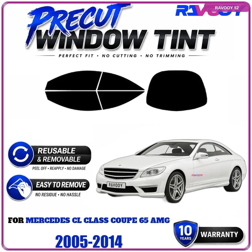 Precut Window Tint, Reusable Removable EPU Film, Custom Fit for Mercedes CL Class Coupe 65 AMG 2005-2014, UV Heat Protection
