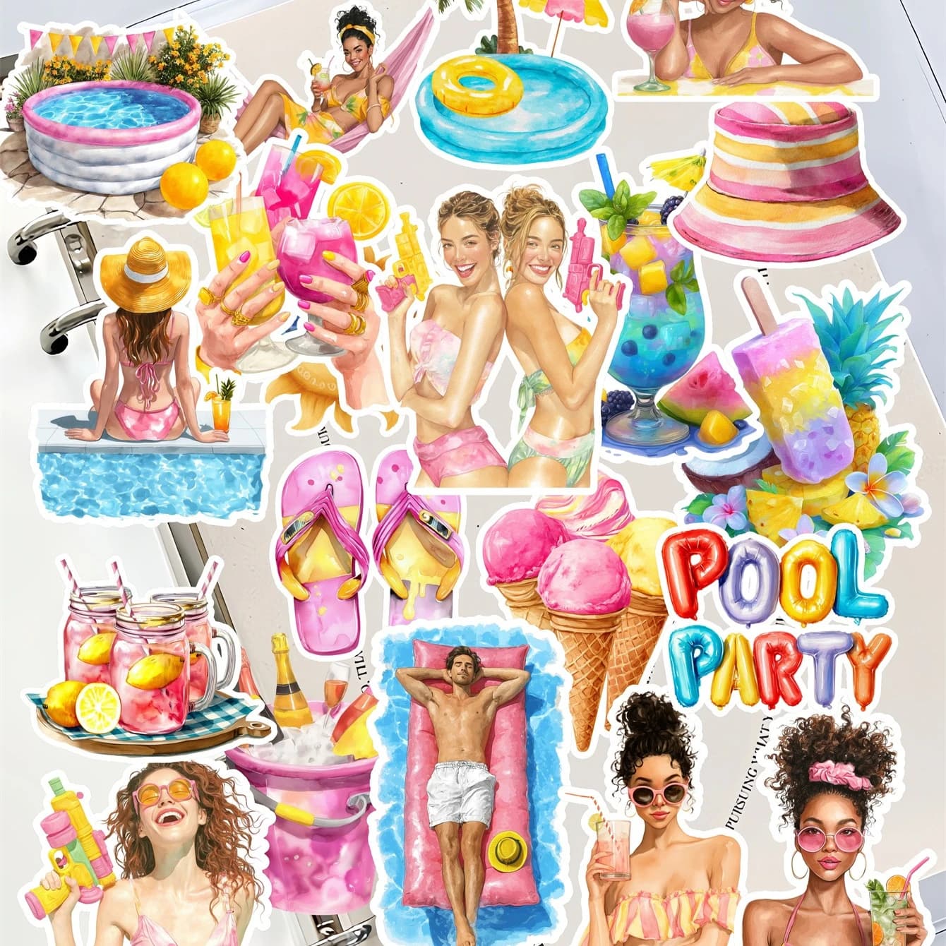 19 pz Acquerello Estate Piscina Festa Adesivi Diario Notebook Planner/Manuale FAI DA TE Lettera Adesivos Fiore Quotidiano carino cancelleria