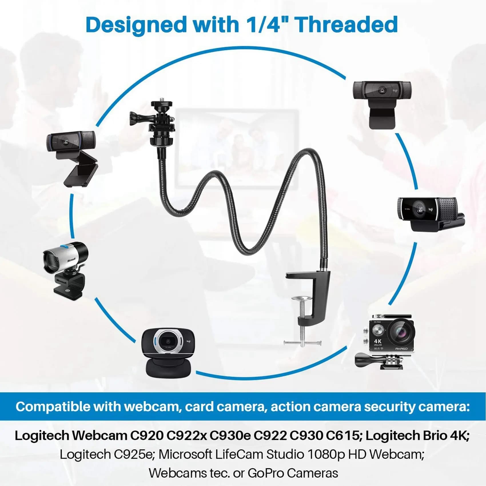 diCavo USB-C di Support for webcam 2X, support for updated webcams with arm and flexible swan neck clamp, suitable for webcam Logitech C920,C