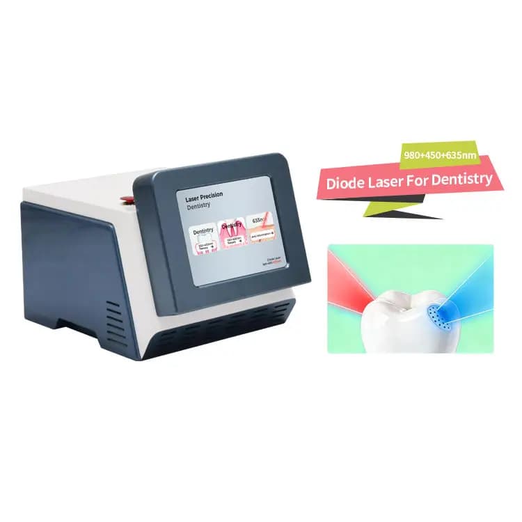 Laser diode machine with three wavelengths: 980nm + 450nm + 635nm. Diode laser machines are used for teeth whitening.
