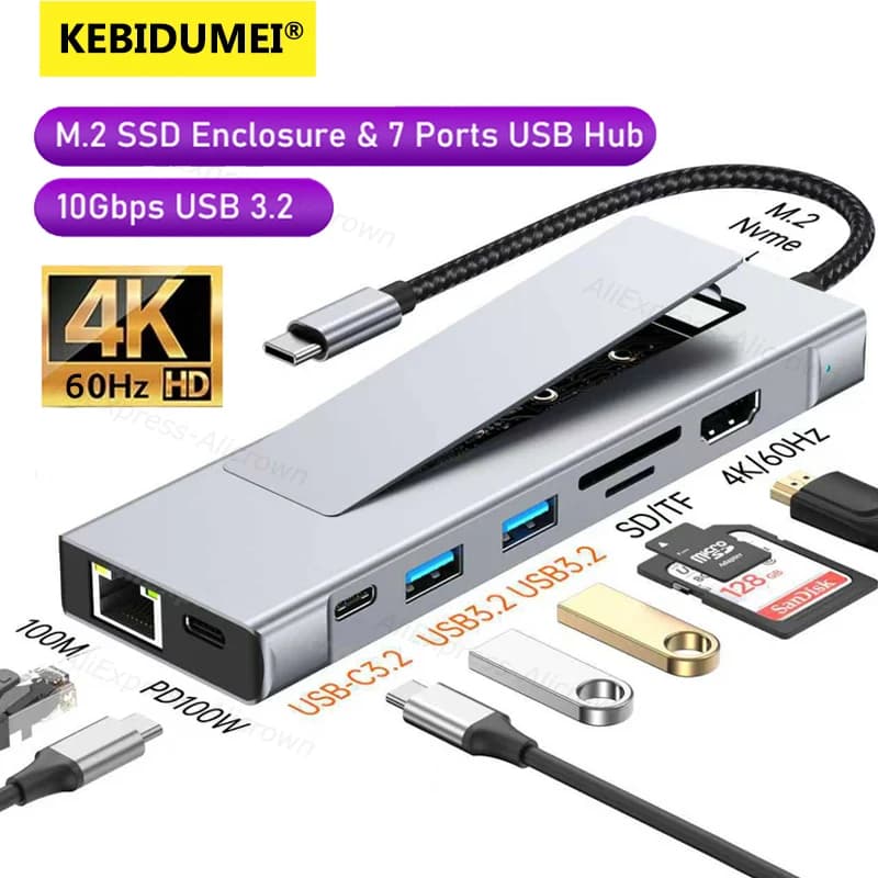 Hub USB C KEBIDUMEI con Funzione di Archiviazione su Disco, Hub SSD M.2 NVMe, Adattatore Type-C a RJ45 HD-MI, Splitter USB 3.2 PD100W per Laptop