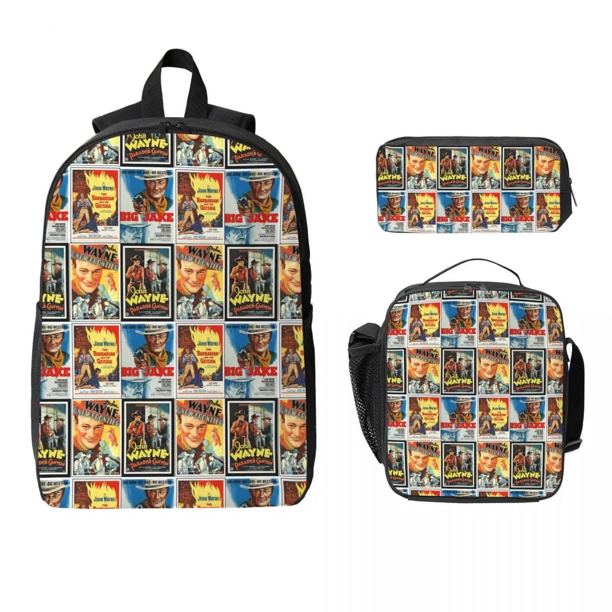 John Wayne Classic Movies Collage Backpack Boy Girls BookBag School Bag Laptop Shoulder Bags 3ps Insulated Lunch Bag Pencil Case