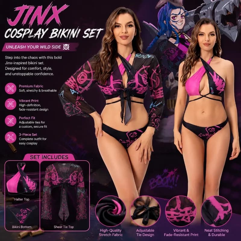 Costume da Bagno Cosplay Arcane Jinx per Donne, Sexy Set Bikini Anime, Outfit per Giochi di Ruolo di Halloween